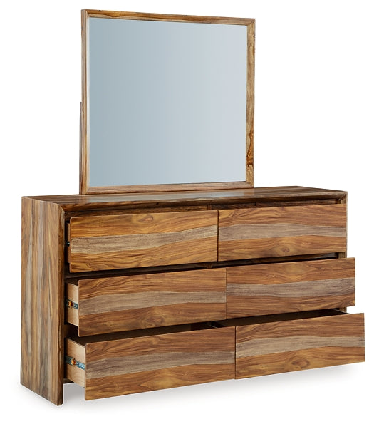 Dressonni California King Panel Bed with Mirrored Dresser