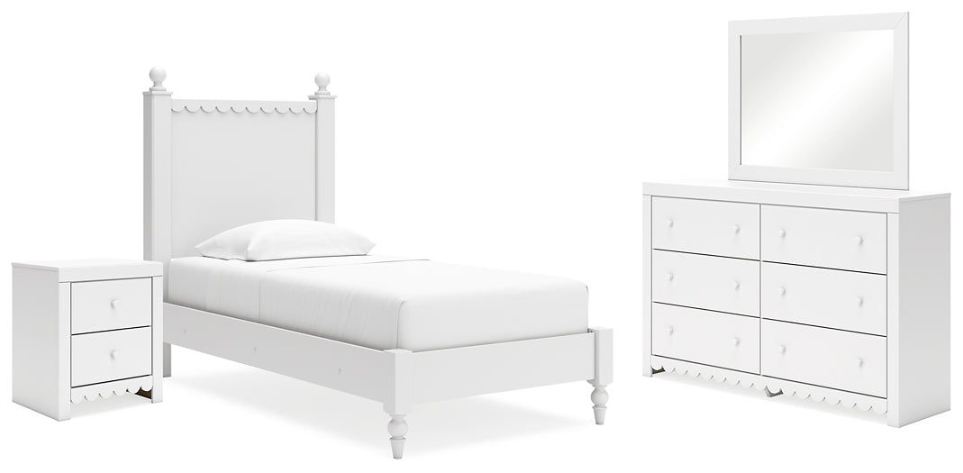 Mollviney Twin Panel Bed with Mirrored Dresser and Nightstand