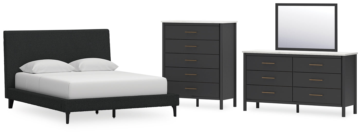 Cadmori Queen Upholstered Bed with Mirrored Dresser and Chest